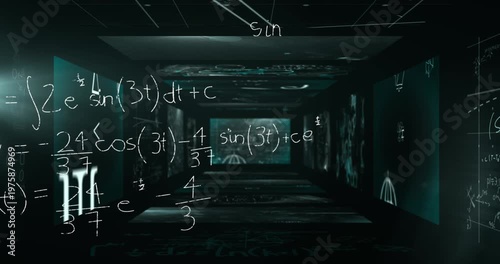 Animation of mathematical formulas over black background