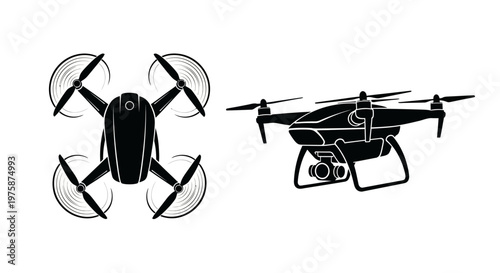 Drone Icon Set: Top View and Side View of Quadcopter with Camera