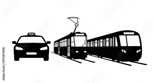 Diverse Urban Transport: Taxi, Tram, and Train Silhouettes on White Background