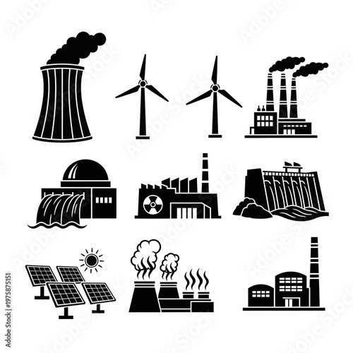 Energy Sources Icons: Renewable and Industrial Power Generation