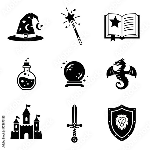 Fantasy Icons: Magic Hat, Wand, Book, Potion, Crystal Ball, Dragon, Castle, Sword, Shield