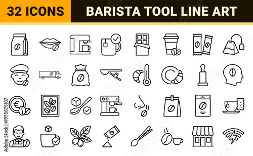 Coffee culture and cafe equipment minimalist outline icons