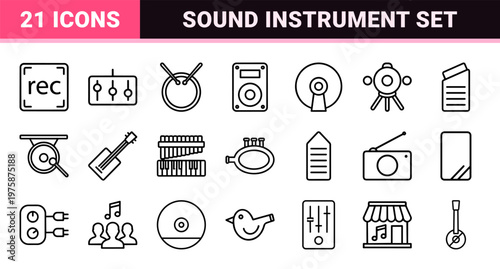 Music and audio production outline icon set in minimalist style