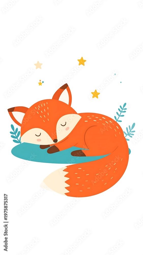 Fototapeta premium Cartoon illustration of a sleeping fox with stars and plants