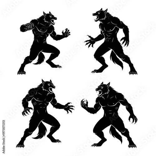 Four Silhouette Werewolf Poses, Scary Monster Attack, Fantasy Creature