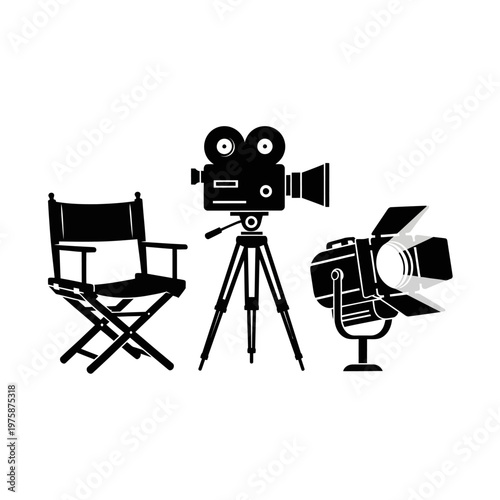 Film Set Icons: Director's Chair, Vintage Camera, Spotlight - Cinema Production Concept