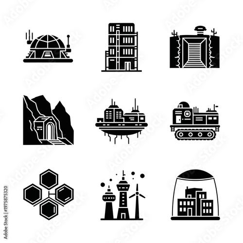 Futuristic Cityscapes and Architecture Icons: Sci-Fi Buildings, Domes, and Structures