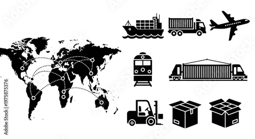 Global Logistics Network: World Map with Shipping, Truck, Train, and Air Cargo Icons