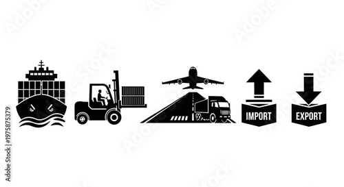 Global Logistics and Supply Chain Icons: Shipping, Cargo, Import, Export, and Transportation