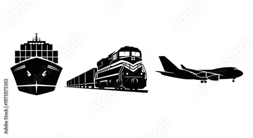 Global Logistics: Ship, Train, and Airplane Icons Representing Freight Transportation