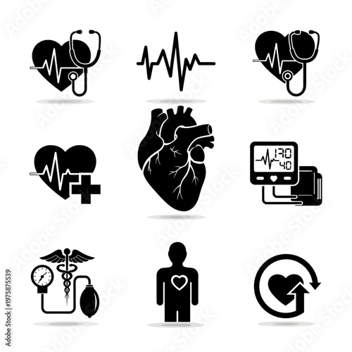 Heart Health Icons: Cardiology, ECG, Blood Pressure, Medical Symbols
