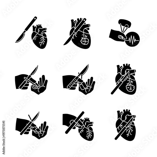 Heart Surgery Icons: Scalpel, Heart, ECG, Hand, Operation, Medical Procedure