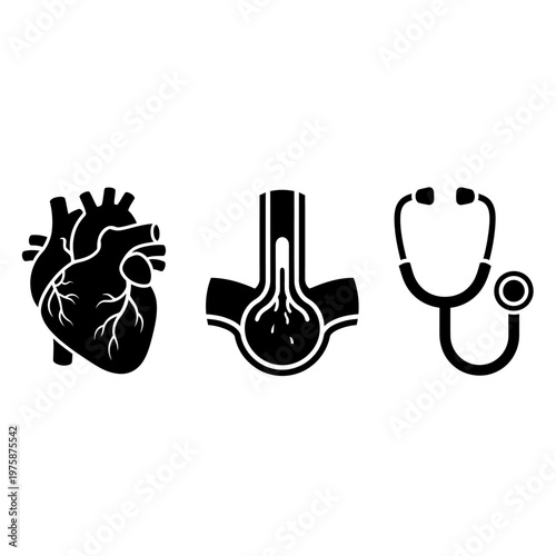 Heart, Artery, Stethoscope Icons: Cardiology, Health, Medical Research