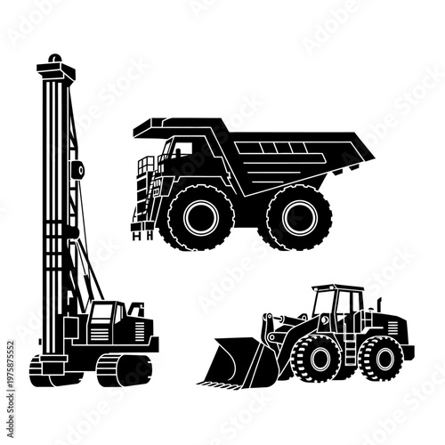 Heavy Construction Equipment Set: Dump Truck, Bulldozer, and Drilling Rig