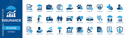 Insurance solid vector glyph icon set featuring insurance policy, business shield, financial security, health plan, auto insurance, home protection, and medical shield icons.