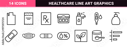 Minimalist pharmaceutical and medical line icons for healthcare designs