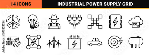 Renewable energy and industrial power line icons