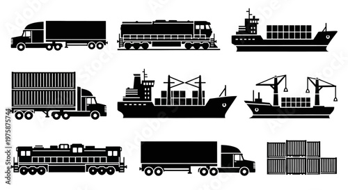 Logistics and Transportation Icons: Trucks, Trains, Ships, and Shipping Containers