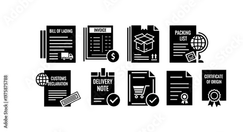 Logistics Documents Icons: Shipping, Delivery, Customs, Invoice, Packing List
