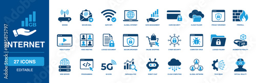 Internet solid vector glyph icon set with modem, safe wifi, global internet, cloud folder, firewall, online shopping, cyber security, and augmented reality icons.