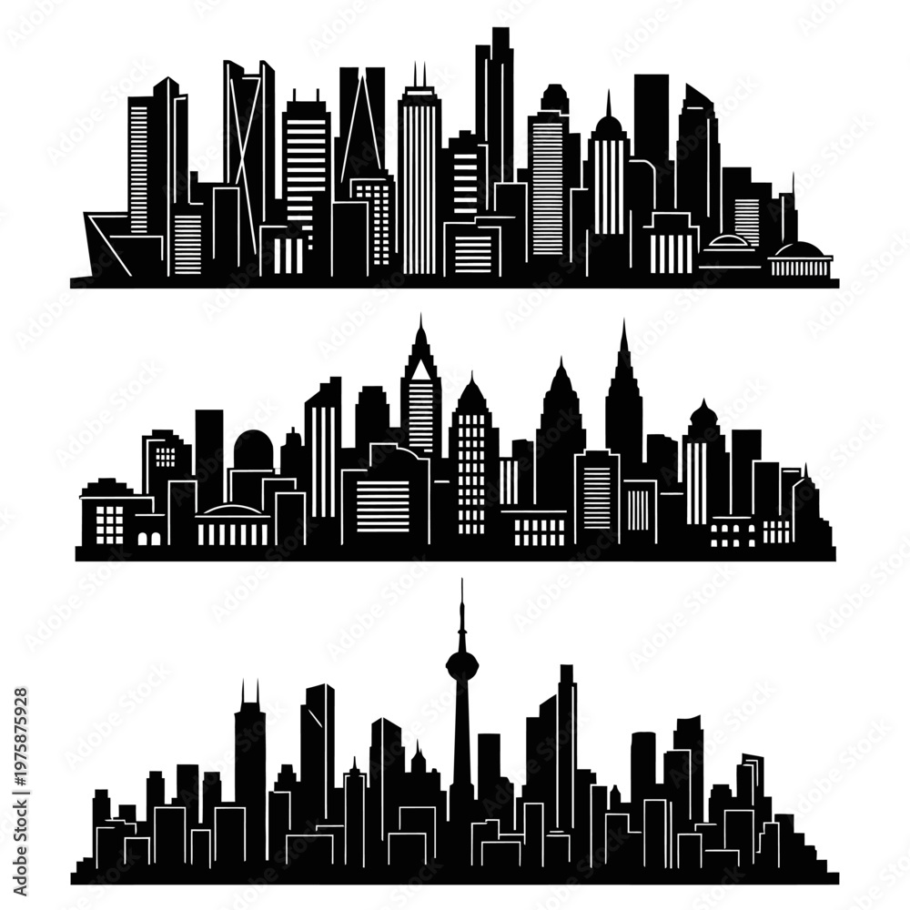 Fototapeta premium Modern City Skyline Silhouettes: Diverse Architectural Styles