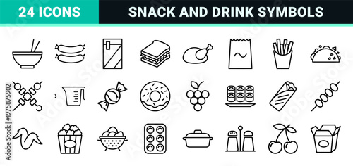 Minimalist fast food and beverage outline icon set