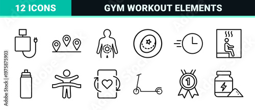 Fitness and gym outline icons set for workout and wellness