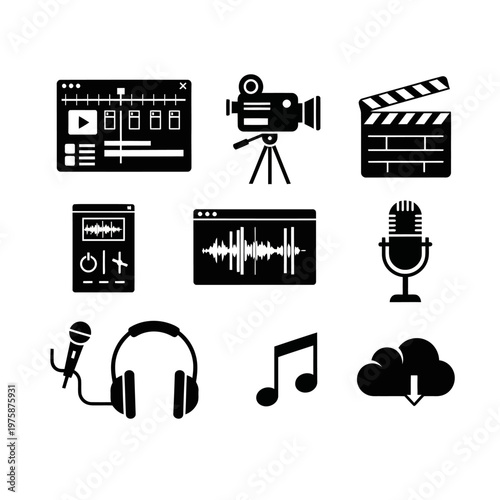 Multimedia Production Icons: Video Editing, Camera, Clapperboard, Audio, Music, Cloud