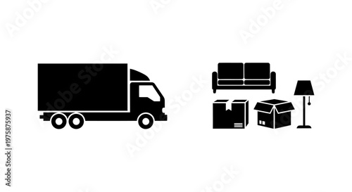 Moving Truck and Furniture Icons: Relocation and Home Delivery Service Concept