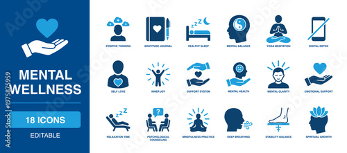 Mental Wellness solid vector glyph icon set with positive thinking, gratitude journal, mental balance, yoga meditation, digital detox, mental clarity, and mindfulness icons.