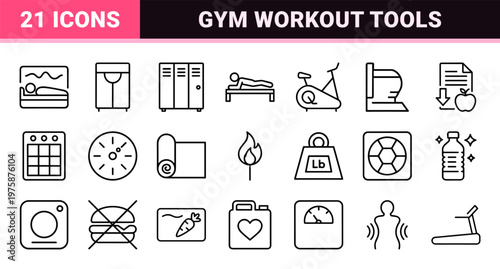 Minimalist fitness and gym workout line icon set