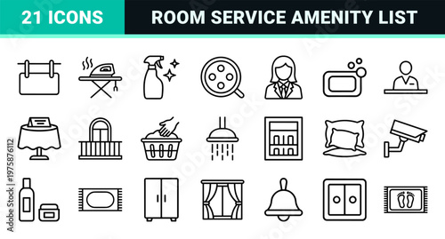 Hotel services and hospitality amenities thin line icon set