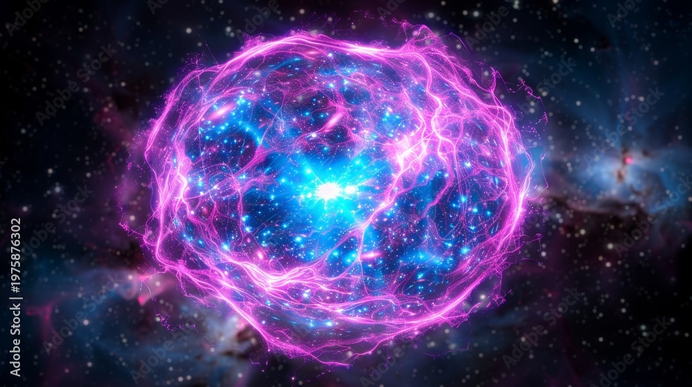Obraz premium A purple and blue glowing orb in space. The image is of a galaxy with a purple and blue glowing orb in the center