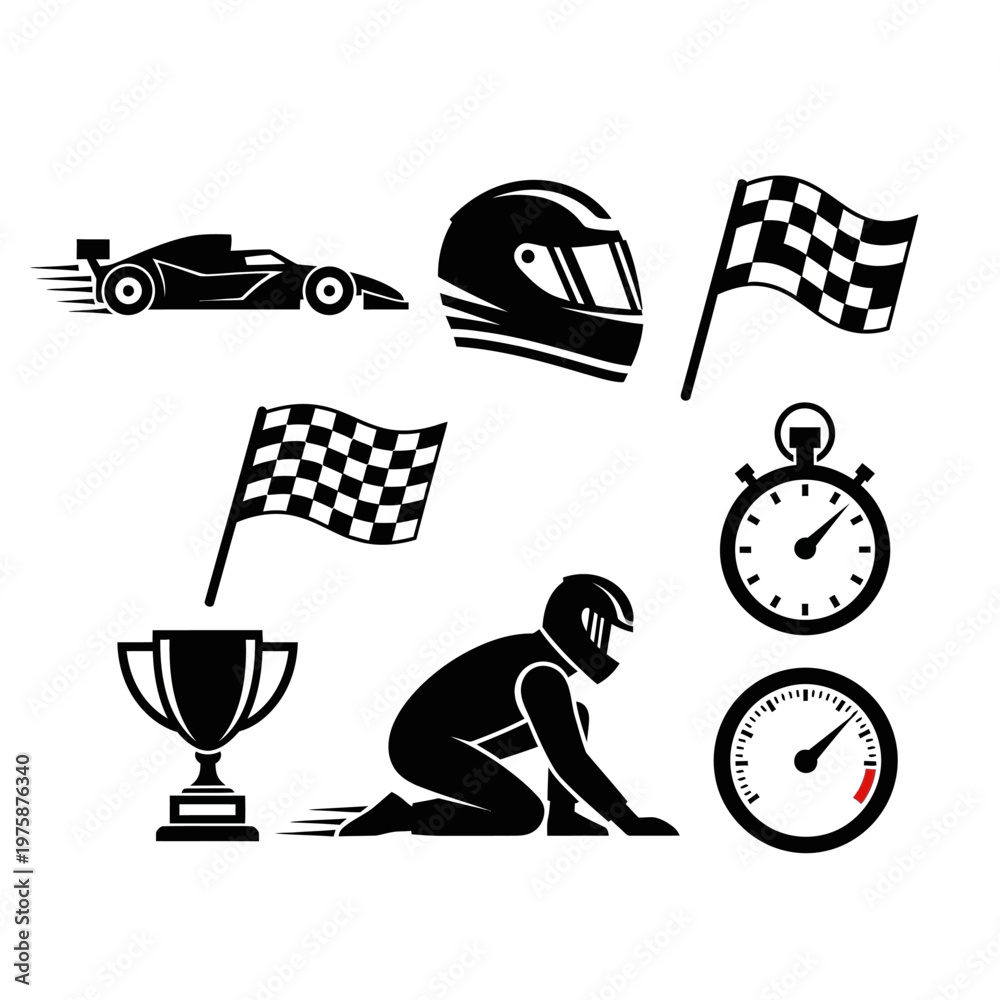 Obraz premium Racing Icons: Formula Car, Helmet, Flags, Trophy, Stopwatch, Racer Silhouette
