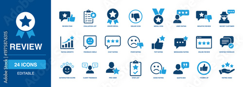 Review solid vector glyph icon set featuring review star, evaluation list, award medal, user rating, feedback emoji, satisfaction score, client feedback, and thumbs up icons.