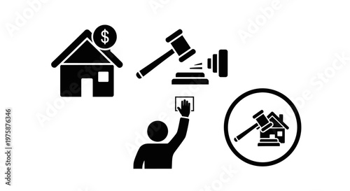 Real Estate Auction House Icon Set: Bidding, Property, Money, Legal Hammer