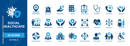 Social Healthcare solid vector glyph icon set with medical alert, patient support, telemedicine, prescription, community health, health insurance, vaccination, and hospital icons.