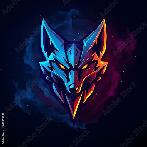 Striking digital fox head logo with fierce glowing eyes, dynamic neon blue and orange hues, perfect for esports, gaming, and modern brand identity