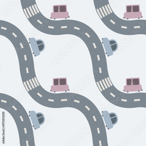 seamless minimal Cute Kids Road Map, Pastel Nursery repeat pattern background, flat vector illustration graphic design