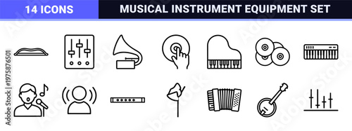 Black line music and sound equipment icon set