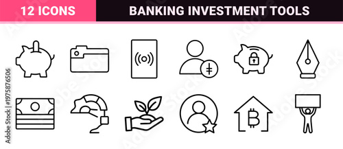 Business and finance outline icon set for banking and investment