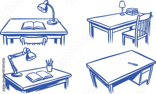Hand Drawn Study Desk Silhouette Vector Illustration Set with Table Lamp Books and Workspace Office Design.