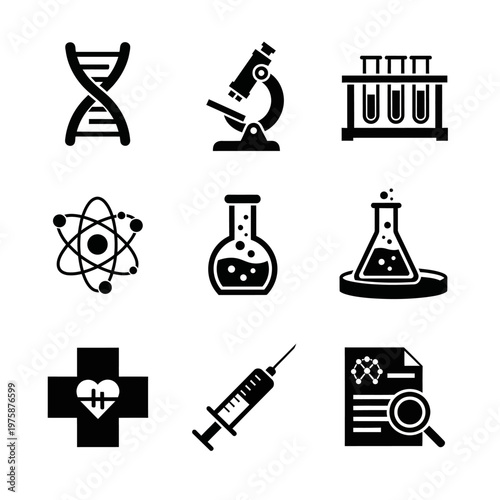 Science and Medical Icons: DNA, Microscope, Test Tubes, Atom, Flask, Syringe, Health
