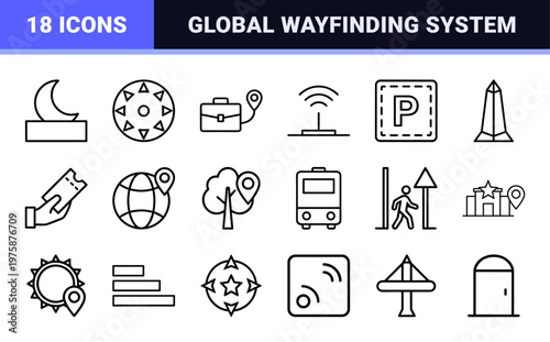 Minimalist navigation and travel outline icon set
