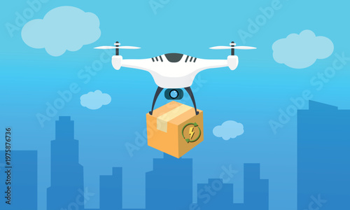 Eco friendly delivery drone carrying parcel with energy symbol over city skyline.