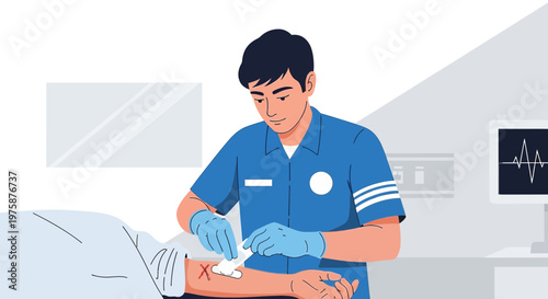 Medical professional applying bandage to patient's arm in hospital room