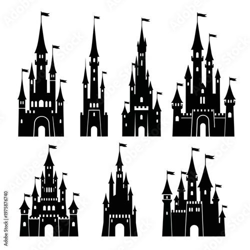 Set of Black Castle Silhouettes, Fairy Tale Fantasy Icons