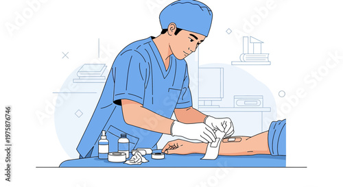 Medical professional applying bandage to patient's arm in sterile environment