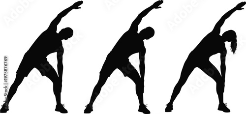Set of fitness silhouettes performing side stretch exercises, workout group training, flexibility warm up routine, yoga and pilates wellness, isolated black figures on white background, health.