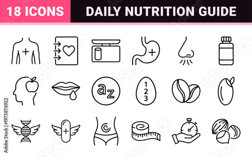 Healthy nutrition and wellness minimalist line icon set